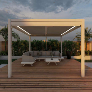 Aluminum White Pergola Gazebo with Louvered Roof 4m x 4m with 4 drop curtains and LED lights