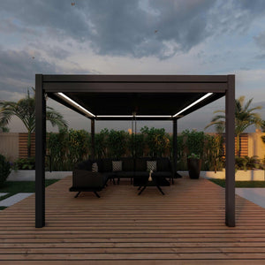 Aluminum Grey Pergola Gazebo with Louvered Roof 3m x 4m with 4 drop curtains and LED lights