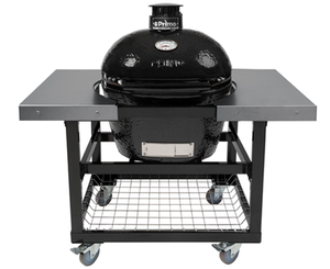 American Primo large LG300 oval ceramic charcoal bbq with robust metal cart with stainless steel side shelves and storage basket 