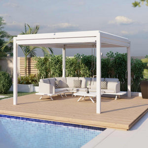 Aluminum White Pergola Gazebo with Louvered Roof 3m x 3m with 4 drop curtains and LED lights