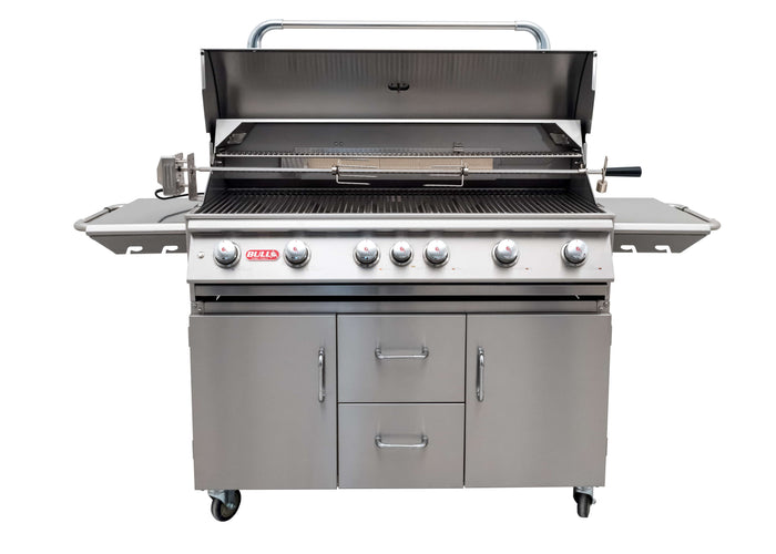BULL DIABLO 7 Burner Propane Gas BBQ with Cart with Internal Lights, Rear Rotisserie Burner and Rotisserie 62600CE
