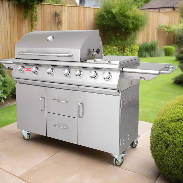 BULL 7 Burner Gas Cart BBQ With Double Side Burner, Internal lights, Rear Rotisserie Kit 28368CE- Propane GAS