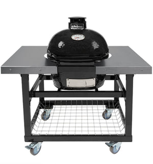 Primo oval Ceramic Charcoal BBQ with robust cart and Stainless stew side shelves for food prep 