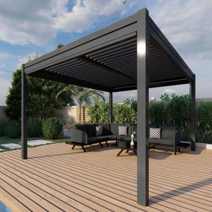 Aluminum Grey Pergola Gazebo with Louvered Roof 4m x 4m with 4 drop curtains and LED lights