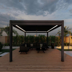 Aluminum Grey Pergola Gazebo with Louvered Roof 4m x 4m with 4 drop curtains and LED lights